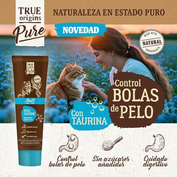 A square ad creative featuring a cat with its owner in a field, highlighting natural hairball control product benefits and taurine supplementation.